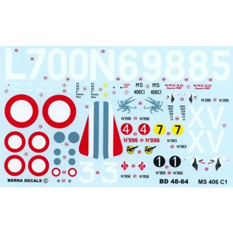 Gecertificeerd Sticker Morane Saulnier MS.406 ACES : Williame n 966 de Puybusque n 288 Dorcy n 286 Raphenne n 856 Romey n 92