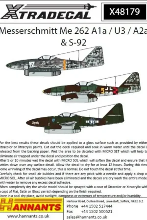 Sticker Messerschmitt Me 262A1a / U3 / A2A / S-92 (8) A1a W.Nr110956 Wit 17 Ekdo 2 - W.Nr111617 Wit 9 II.EJG 2 Ofw.Zander - W.N Nu Kopen