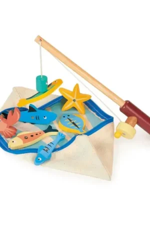 Mentari Bambino: VISSPEL 27,5x9x5,5cm, met houten hengel en 7 magnetische zeedieren, in etui met ritssluiting en V-vormige binne Beperkte Voorraad