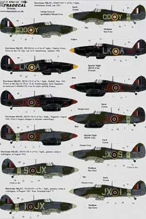 Koop Online Sticker Hawker Hurricane Mk.IIc (18) BE500 LK-A 87 Squadron 1942 BE581 JX-E 1 Squadron Flt.Lt K. M. Kuttlewascher BD936 ZY-S 247