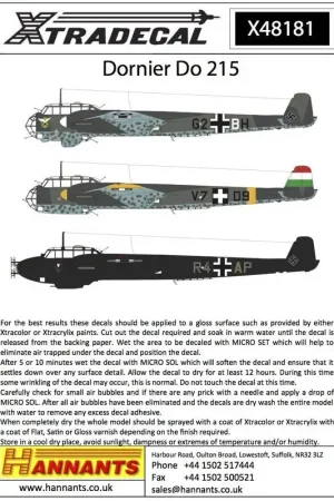 Sticker Dornier Do-215B-2 / Do-215B-4 / Do-215B-5 (6) Do-215B-2 G2 + MH 1 (F) / 124 Ofw Erwin Bauerin april 1942;T5 + PL 3 (F) Nu Kopen