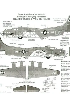 Actieprijs Sticker Boeing B-17G Flying Fortress (2) 238083 LG-V Triangle A 322 BS/91 BG `Man O′War′ Bassingbourne OD/grey red fin 231836 In