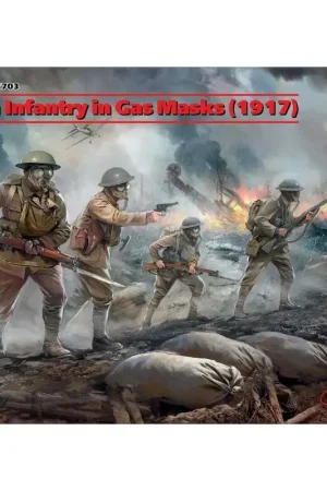 Britse infanterie in gasmaskers (WWI 1917) (4 figuren) De set bevat een figuur van de officier en drie soldatenfiguren van Brits Korting