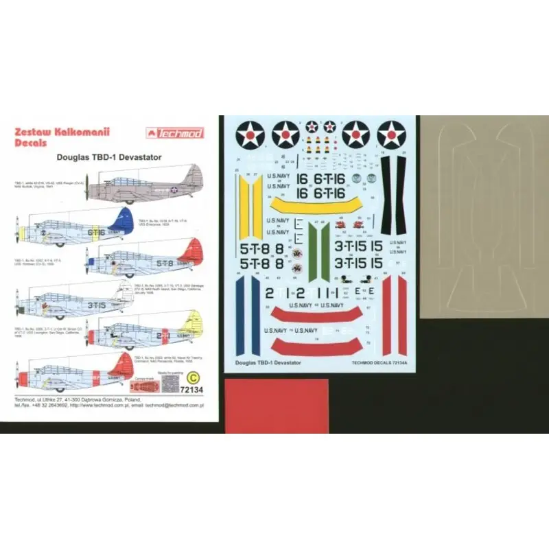 Sticker Douglas TBD-1 Devastator Pre War (6) 42-S-16 VS-42 USS Ranger 1941 overall grey 6-T-16 VT-6 USS Enterprise Blue tail 5-T Koopje