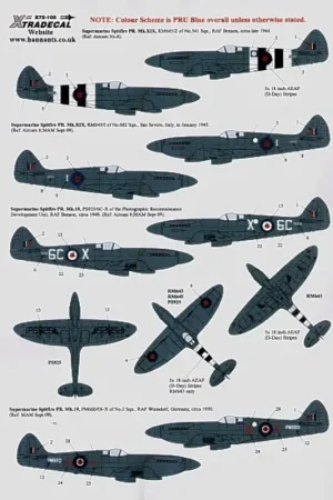 Veilige Betaling Sticker Supermarine Spitfire PR 19 (12) RM643/Z 541 Squadron 1944 with D-Day stripes RM645/I 682 Squadron Italy 1945 PS925 6C-X
