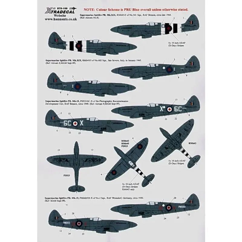 Veilige Betaling Sticker Supermarine Spitfire PR 19 (12) RM643/Z 541 Squadron 1944 with D-Day stripes RM645/I 682 Squadron Italy 1945 PS925 6C-X