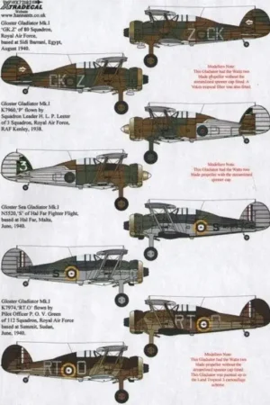 Sticker Gloster Gladiator MkI/J8A10 GK- Z 80 Sqn RAF Sidi Barrani , Egypt 1940 Decal Merkproduct