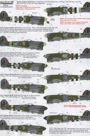 Sticker Hawker Typhoon Mk.IB (12) ZY MN317-B 247 (China British) Sqn 124 Wing RAF Hurn in 1944 with D-Day stripes MN454 HF-S 183 Bestel Nu