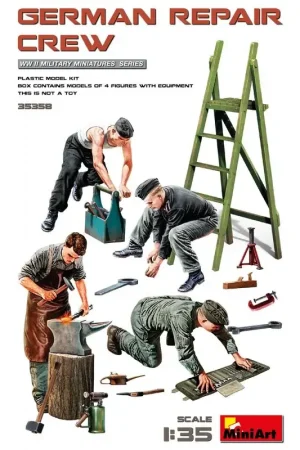 Gecertificeerd DUITSE REPARATIEBEMANNING (WWII) Kit bevat modellen van 4 figuren met uitrusting.