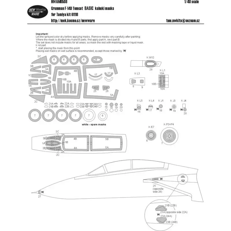 Grumman F-14D Tomcat BASIC kabuki maskers vliegtuigluifel, andere heldere delen, wielen, camouflagedetails (ontworpen om gebruik Premium