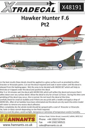 Sticker Hawker Hunter Mk.6 Pt 2 (9) XE550 / R 93 Sqn Flt / Lt P.Hine RAFG Jever 1960; br/ XE548 / W 263 Sqn RAF Wattisham 195 Hoge Kwaliteit