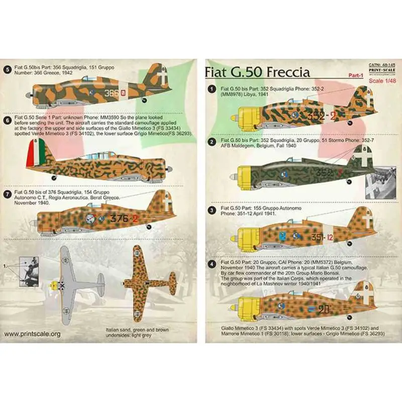 Aanbieding Sticker Fiat G.50 Freccia Deel 1 1. Fiat G.50 bis Deel: 352 Squadriglia Telefoon: 352-2 (MM8978) Libië, 1941. 2. Fiat G.50 b