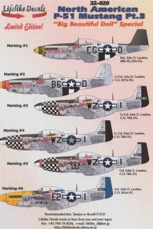 Sticker Noord-Amerikaanse P-51B / P-51D Mustang Deel 3 'Big Beautiful Doll' 6-arrangement speciaal allemaal bestuurd door John D Snelle Levering