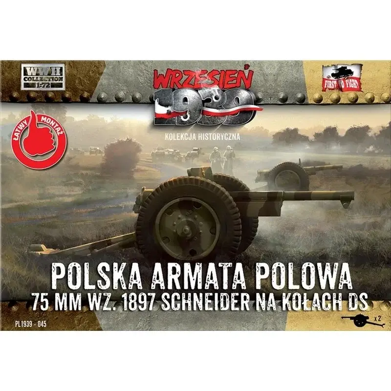 Lage Kosten Schneider 75mm Polish Field Cannon op DS-wielen Schaalmodel