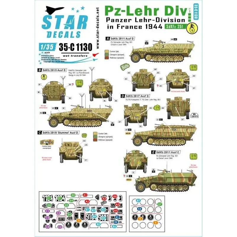 Nieuw Pz-Lehr in Frankrijk 1944. Duits Sd.Kfz.251 / 1 Ausf.C, Sd.Kfz.251 / 1 Ausf.D, Sd.Kfz.251 / 3 Ausf.D, Sd.Kfz.251 / 7 Ausf. DPanz