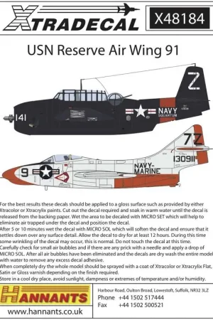 Sticker US Navy Reserve Air Wing 91 (4)TBM-3E Avenger BuNo 53638/Z NAS Squantum 1950 overall gloss sea blue with orange fuselage Must-Have