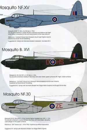 Sticker de Havilland Mosquito Pt:2NF.XV DZ385 Joan 85 Sqn RAF 1943B.XVI ML957 D-HS 109 Sqn RAF 1944NF.30 MM695/G ZE Central Figh Laatste Versie