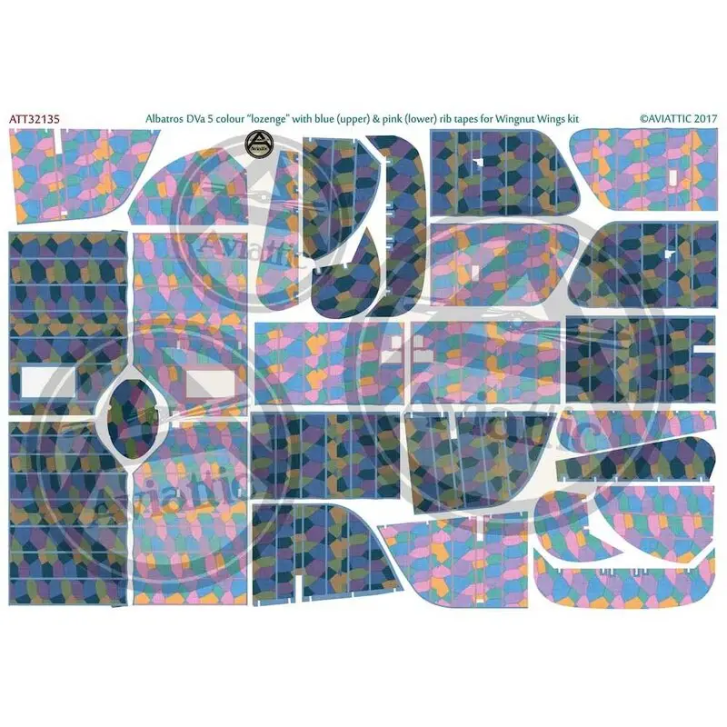 Sticker Albatros D.Va 5 colour lozenge with blue (upper) and pink (lower) rib tapes for Wingnut Wings kit Alleen Vandaag