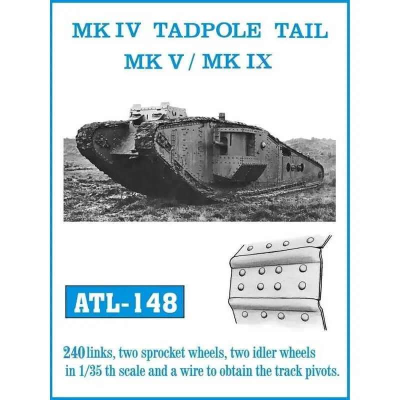 Beste Prijs Mk.IV TADPOLE TAIL Mk.V / Mk.IX: 240 schakels, twee kettingwielen, twee vrijloopwielen op schaal 1/35 en een draad om de spillen
