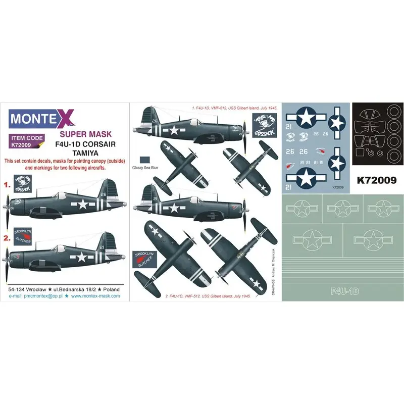 Gratis Retour Vought F4U-1D Corsair 1 canopy mask (exterior) + 1 insignia masks + decals (designed To Be Farming with Tamiya kits)
