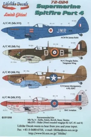 Sticker Supermarine Spitfire Pt 4 (4) Mk.Va W3185 D-B W/C Douglas Bader Tangmeer Wing; Mk.Vb WD-A USAAC 4FS 52FG F/O James Montg Direct Beschikbaar