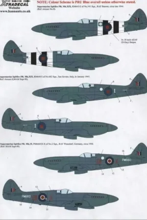 Sticker Supermarine Spitfire PR Mk.XIX (8) RM643/Z 541 Sqn 1944 with D-Day stripes; RM645/I 682 Sqn Italy 1945; PS934 WY-R 541 S Direct Beschikbaar