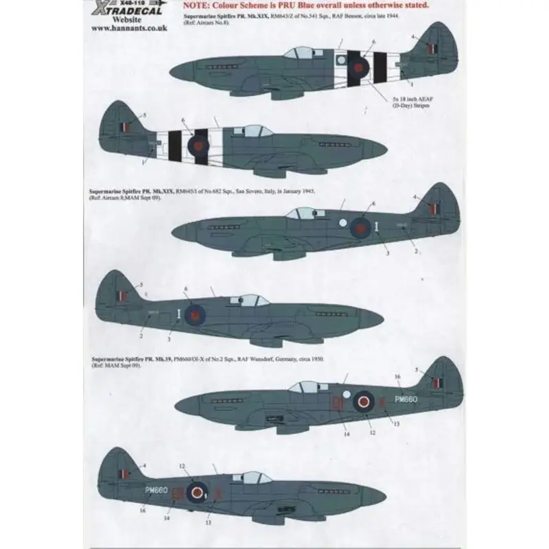 Sticker Supermarine Spitfire PR Mk.XIX (8) RM643/Z 541 Sqn 1944 with D-Day stripes; RM645/I 682 Sqn Italy 1945; PS934 WY-R 541 S Direct Beschikbaar