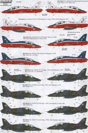 Lage Kosten Sticker Ex X72095. Revised and renumbered BAe Hawk T.1A 1979-1992 (28) Red/white/grey scheme XX164/164 CFS, RAF Valley 1979; XX3